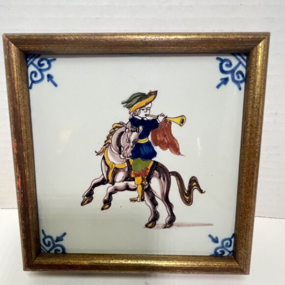 Vintage Royal Makkum Tichelaar Ceramic Tile Painting with Gold Wooden Frame - Picture 10 of 11